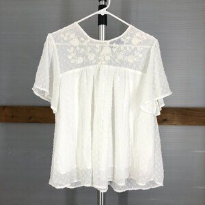 BLUE RAIN  White Emboridered Textured  Flowy Lightly Sheer S/S Blouse Sz L‎